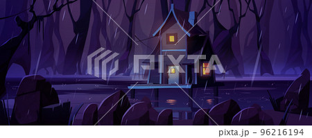 Fantasy landscape wooden stilt house on swamp 96216194