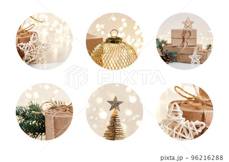 Round Christmas stickers set cut out on white, golden beige colors. Christmas zero waste, boxing day and winter holidays Round Christmas stickers set cut out on white, golden beige colors. Christmas zero waste, boxing day and winter holidays 96216288