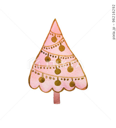Watercolor cartoon christmas tree with christmas balls. Hand drawn illustration in pink green colors Watercolor cartoon christmas tree with christmas balls. Hand drawn illustration in pink green colors 96216292
