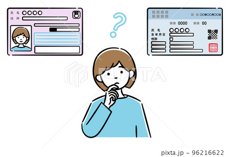 マイナンバーカードと健康保険証の一体化について考えている若い女性のイラスト マイナンバーカードと健康保険証の一体化について考えている若い女性のイラスト 96216622