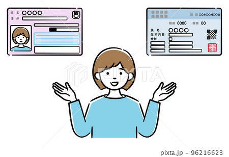マイナンバーカードと健康保険証の一体化について説明している若い女性のイラスト マイナンバーカードと健康保険証の一体化について説明している若い女性のイラスト 96216623