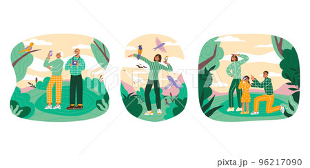 Birdwatching or ornithology flat vector illustration. Woman, family, senior couple have eco-friendly hobby, outdoor activity, local tourism, Recreation leisure hiking, birding 96217090