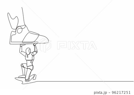 Continuous one line drawing robot under giant feet stomping. Violence of dictator toward tiny robot, big shoes crush machine. Humanoid cybernetic organism. Single line draw design vector illustration Continuous one line drawing robot under giant feet stomping. Violence of dictator toward tiny robot, big shoes crush machine. Humanoid cybernetic organism. Single line draw design vector illustration 96217251