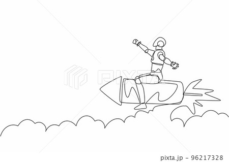 Single one line drawing robot flying high riding firework rocket. Future technology development. Artificial intelligence machine learning processes. Continuous line design graphic vector illustration 96217328