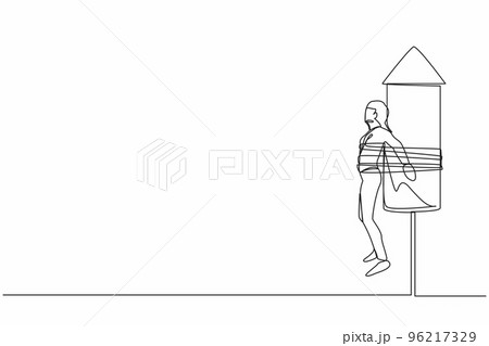 Single continuous line drawing businesswoman being fired and tied to launching rocket, feeling afraid and painful. Fear of financial crisis. Business failure. One line draw design vector illustration 96217329