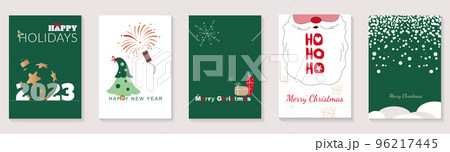 Merry Christmas and Happy New Year 2023 brochure covers set. Xmas minimal banner design with festive tree, balls, fireworks, Santa Claus beard. Vector illustration for flyer, poster or greeting card. 96217445