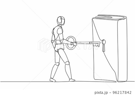 Single one line drawing robot putting big key into book. Unlock textbook, knowledge. Library. Key to new information. Future technology development. Continuous line design graphic vector illustration 96217842