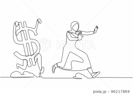 Single one line drawing fright Arab businesswoman being chased by dollar symbol. Female manager afraid with economic or financial crisis. Modern continuous line draw design graphic vector illustration 96217869