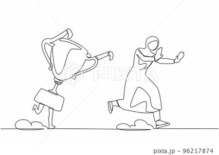 Single continuous line drawing fright Arab businesswoman being chased by trophy. Female manager confused with business goals for winning competition. One line draw graphic design vector illustration Single continuous line drawing fright Arab businesswoman being chased by trophy. Female manager confused with business goals for winning competition. One line draw graphic design vector illustration 96217874