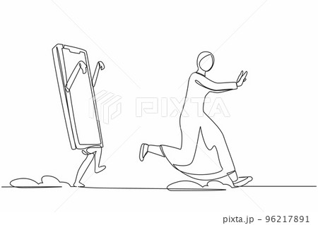 Single one line drawing fright Arabian businesswoman being chased by smartphone. Female employee afraid to talk with boss. Minimal metaphor concept. Continuous line design graphic vector illustration 96217891