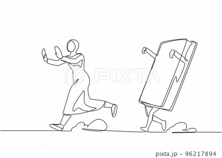 Single continuous line drawing fright Arab businesswoman being chased by book. Smart employee hurry in higher education to pursue career growth at office. One line graphic design vector illustration 96217894