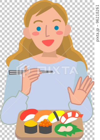 寿司を食べる外国人女性の上半身のイラスト素材 [96218261] - PIXTA