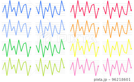 乱高下する折れ線グラフのイラストセット(青、水色、緑、黄緑、赤、オレンジ、黄色、ピンク) 乱高下する折れ線グラフのイラストセット(青、水色、緑、黄緑、赤、オレンジ、黄色、ピンク) 96218601