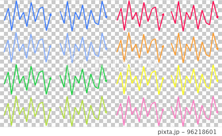 乱高下する折れ線グラフのイラストセット(青、水色、緑、黄緑、赤、オレンジ、黄色、ピンク) 乱高下する折れ線グラフのイラストセット(青、水色、緑、黄緑、赤、オレンジ、黄色、ピンク) 96218601