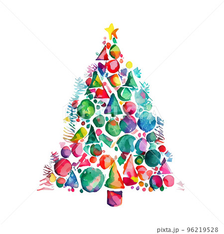 カラフルなクリスマスツリーの水彩イラストのイラスト素材 [96219528