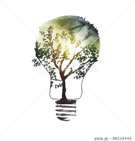 電球と葉っぱのエコイメージの水彩イラスト 電球と葉っぱのエコイメージの水彩イラスト 96219543