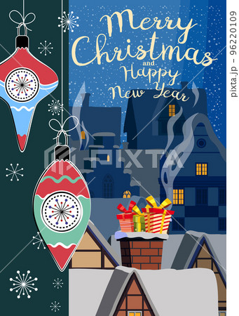 Retro Merry Christmas greeting card, background. Christmas balls, winter town 96220109
