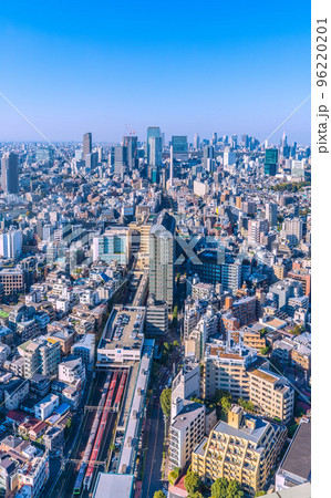 日本の東京都市景観 恵比寿駅や珍景・N`EXなど3電車揃い踏み（N`EX2電車・山手線）などを望む 96220201