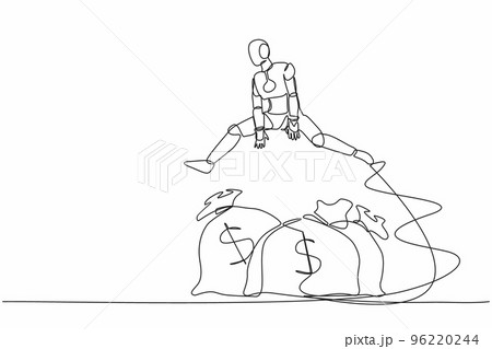 Single continuous line drawing robot jumping over money bag. Business loan or capital funding, money help in crisis. Modern robotic artificial intelligence. One line graphic design vector illustration 96220244