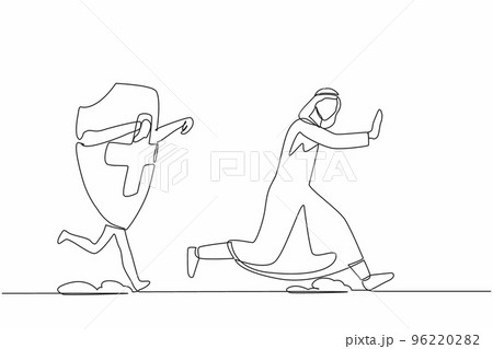 Single one line drawing unhappy Arab businessman being chased by shield. Difficult financial insurance. Expensive healthcare budget. Minimal metaphor. Continuous line draw design vector illustration 96220282