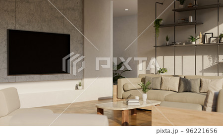 Luxury modern contemporary living room with beige sofa, coffee table, TV screen on marble wall 96221656