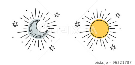 Weather icon set, shining crescent moon and sun with rays line drawing, simple boho tattoo with stars. Vector illustration isolated on white background. 96221787