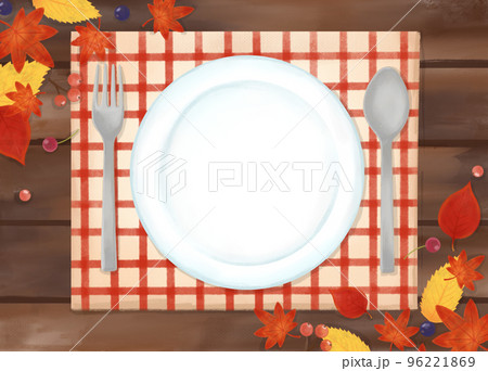 色鉛筆 水彩 手描き風 食器と天然木テーブル秋の食卓イラスト 色鉛筆 水彩 手描き風 食器と天然木テーブル秋の食卓イラスト 96221869