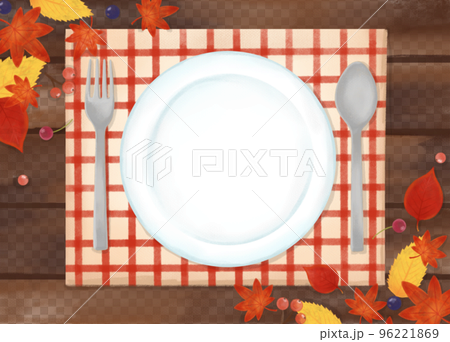 色鉛筆 水彩 手描き風 食器と天然木テーブル秋の食卓イラスト 色鉛筆 水彩 手描き風 食器と天然木テーブル秋の食卓イラスト 96221869