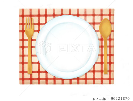 色鉛筆 水彩 手描き風 食器とランチョンマットのイラスト 色鉛筆 水彩 手描き風 食器とランチョンマットのイラスト 96221870