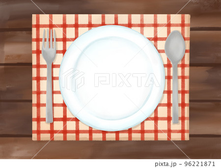 色鉛筆 水彩 手描き風 天然木テーブルと食器のイラスト 色鉛筆 水彩 手描き風 天然木テーブルと食器のイラスト 96221871