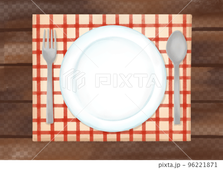 色鉛筆 水彩 手描き風 天然木テーブルと食器のイラスト 色鉛筆 水彩 手描き風 天然木テーブルと食器のイラスト 96221871