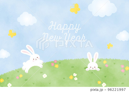 水彩風のうさぎと花畑の年賀状またはイースター向け背景イラスト 水彩風のうさぎと花畑の年賀状またはイースター向け背景イラスト 96221997