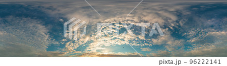 Dark blue sunset sky panorama with golden Cumulus clouds. Seamless hdr 360 panorama in spherical equirectangular format. Full zenith for 3D visualization, sky replacement for aerial drone panoramas. 96222141