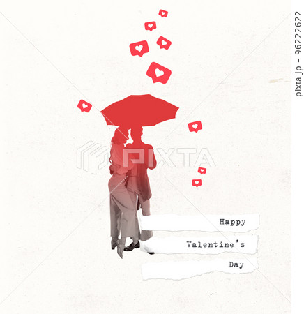 Contemporary art collage. Creative design in retro style. Silhouette of couple standing together under umbrella. Valentines Day postcard Contemporary art collage. Creative design in retro style. Silhouette of couple standing together under umbrella. Valentines Day postcard 96222622