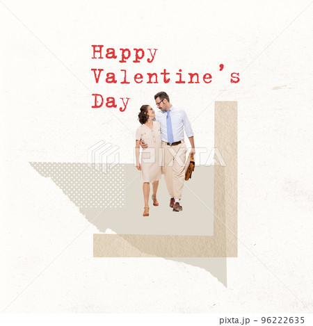 Contemporary art collage. Creative design in retro style. Lovely couple walking on a date together to celebrate Valentine's Day Contemporary art collage. Creative design in retro style. Lovely couple walking on a date together to celebrate Valentine's Day 96222635