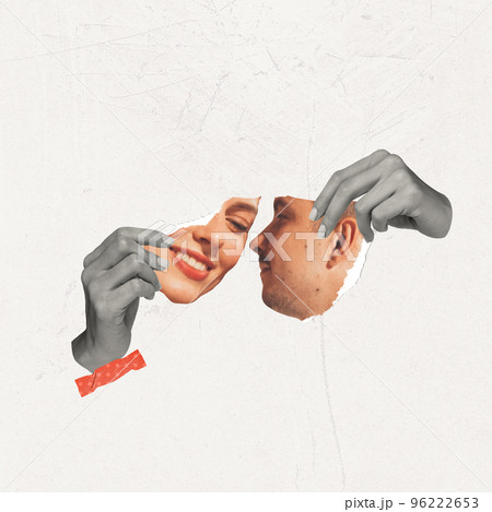 Contemporary art collage. Creative design in retro style. Female hands connecting photos of man and woman. Concept of relationship, Valentine's Day Contemporary art collage. Creative design in retro style. Female hands connecting photos of man and woman. Concept of relationship, Valentine's Day 96222653