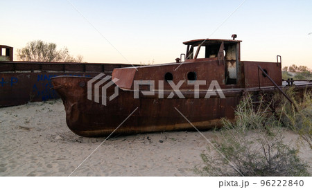 Panorama of ship cemetery at sunset near Moynaq, Karakalpakstan, Uzbekistan 96222840