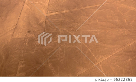 Aerial airplane panoramic view to Nazca geoglyph lines aka Condor, Ica, Peru 96222865