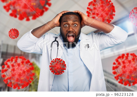Doctor is afraid due to codiv19 virus attack. Cyan background 96223128