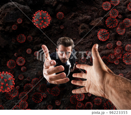Hopeless businessman needs help because he is surrounded by viruses and bacteria. Concept of pandemic 96223355