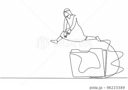 Single one line drawing Arab businessman jumping over big folder icon. File folders management. Office paper document collecting. Analysing creative process. Continuous line design vector illustration Single one line drawing Arab businessman jumping over big folder icon. File folders management. Office paper document collecting. Analysing creative process. Continuous line design vector illustration 96223389