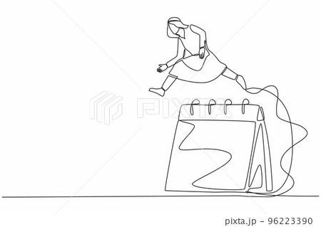 Continuous one line drawing Arab businessman jumping over big calendar. Scheduling management meeting forum for executive. Monthly business project plan. Single line design vector graphic illustration 96223390