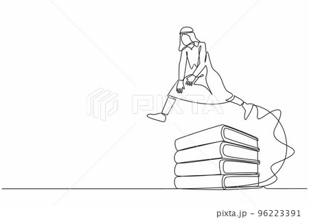 Continuous one line drawing Arabian businessman jumping over pile of big binders. Management paperwork system. Office information classification, document paper. Single line design vector illustration 96223391