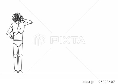 Single continuous line drawing robot with round scribbles instead of head. Doubting robot standing, thinking, unsatisfied serious worrying. Future technology. One line draw design vector illustration 96223407