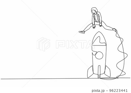 Single continuous line drawing businesswoman jumping over big rocket. Space rocket ready to fly. New business project. Successful startup launch preparation. One line draw design vector illustration 96223441