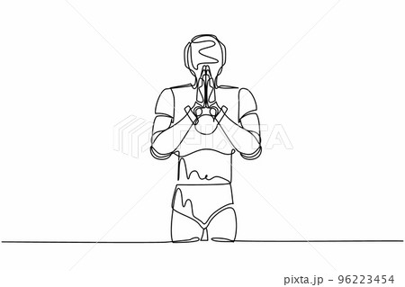 Single continuous line drawing robot standing with holding palms in prayer. Robot emotion, body language gesture. Modern robotic artificial intelligence. One line graphic design vector illustration 96223454