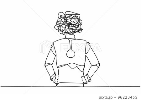 Continuous one line drawing robot with round scribbles instead of head, standing and holding on his hip. Humanoid robot cybernetic. Future robotic development. Single line design vector illustration Continuous one line drawing robot with round scribbles instead of head, standing and holding on his hip. Humanoid robot cybernetic. Future robotic development. Single line design vector illustration 96223455