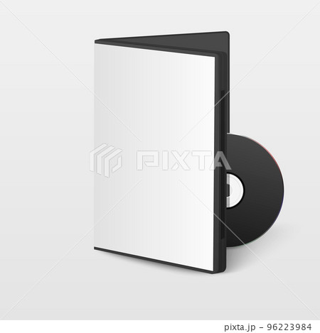 Vector 3d Realistic Black CD, DVD with Paper Cover, Envelope, Case Isolated. CD Box, Packaging Design Template for Mockup. Compact Disk Icon, Front View 96223984