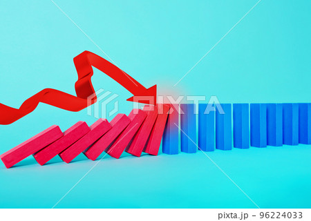Concept of covid19 coronavirus pandemic with falling chain like a domino game and decreasing statistic arrow Concept of covid19 coronavirus pandemic with falling chain like a domino game and decreasing statistic arrow 96224033