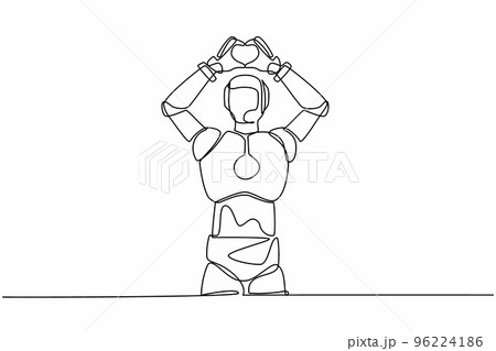 Single one line drawing robot standing with making love sign or heart symbol with fingers over head. Technology development. Artificial intelligence. Continuous line design graphic vector illustration 96224186